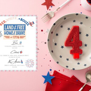 Modèle de menu de bar de fête du 4 juillet, carte de boissons de fête patriotique, signe de menu de bar des États-Unis, signe de cocktails du jour de l'indépendance, fête d'été, soirée barbecue