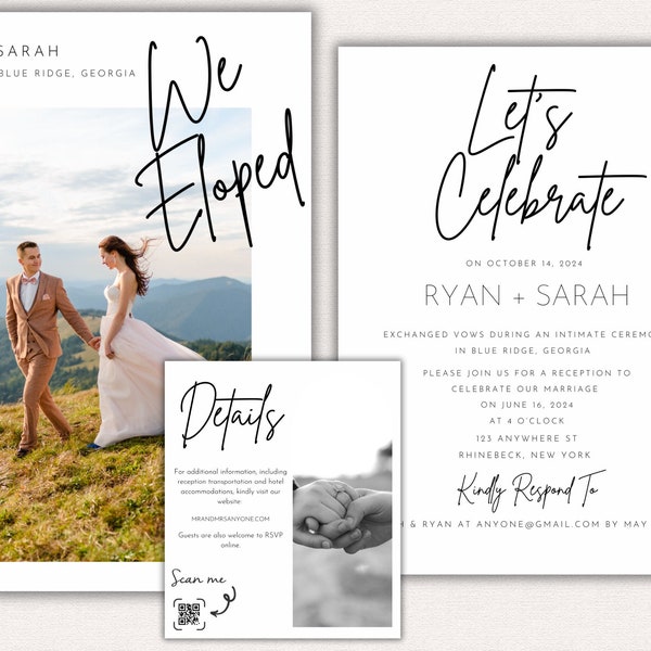 Elopement Announcement with QR Code | Elopement Reception Invitation | Post-Elopement Invitation Template | Happily Ever After Announcement