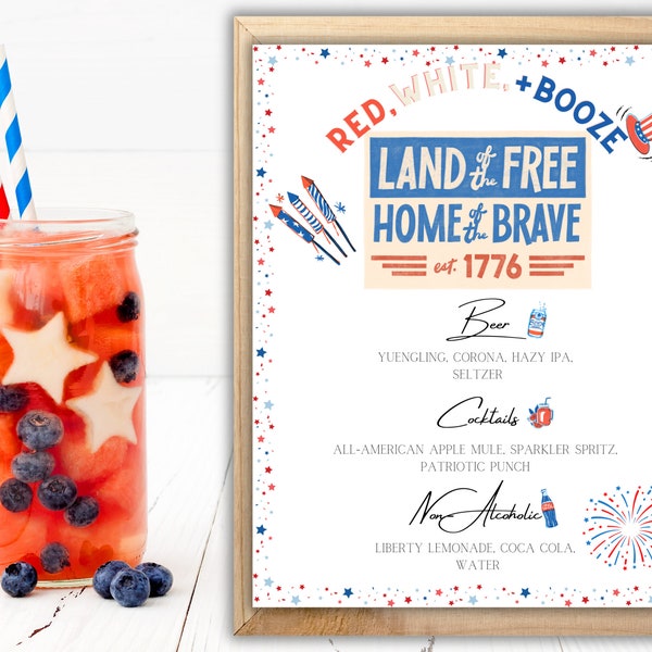 4th of July Party Bar Menu Template, Patriotic Party Drink Menu, USA Bar Menu Sign, Independence Day Cocktails Sign, Summer Party, BBQ Party