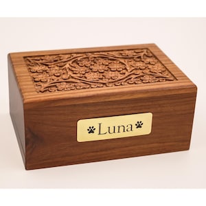 May include: A rectangular wooden box with a floral carved lid. The box is a warm brown color with a gold nameplate that reads "Luna" with paw prints. A pet urn.
