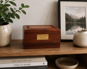 Solid Wood Border Urn for Human Cremains - Hand-Carved Rosewood