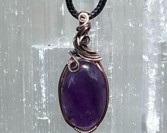 Handmade Amethyst Pendant in Copper Wire | One of a Kind Crystal Necklace | Artisan Wire Wrapped Jewelry | February Birthstone Gift