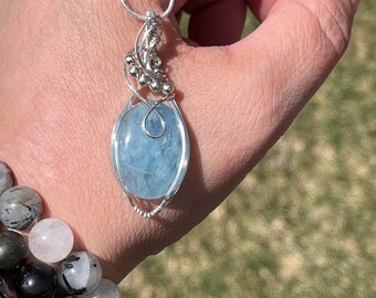 Handmade Aquamarine Pendant in Silver Wire | Calming Blue Crystal Necklace | March Birthstone Jewelry Gift