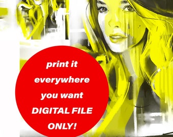 May include: A digital illustration of a woman's portrait in a yellow and black color scheme. The text "THE PROCESS OF DRAWING ORIGINAL PORTRAIT IN MY STYLE" is at the top of the image. The text "print it everywhere you want DIGITAL FILE ONLY!" is in a red circle.