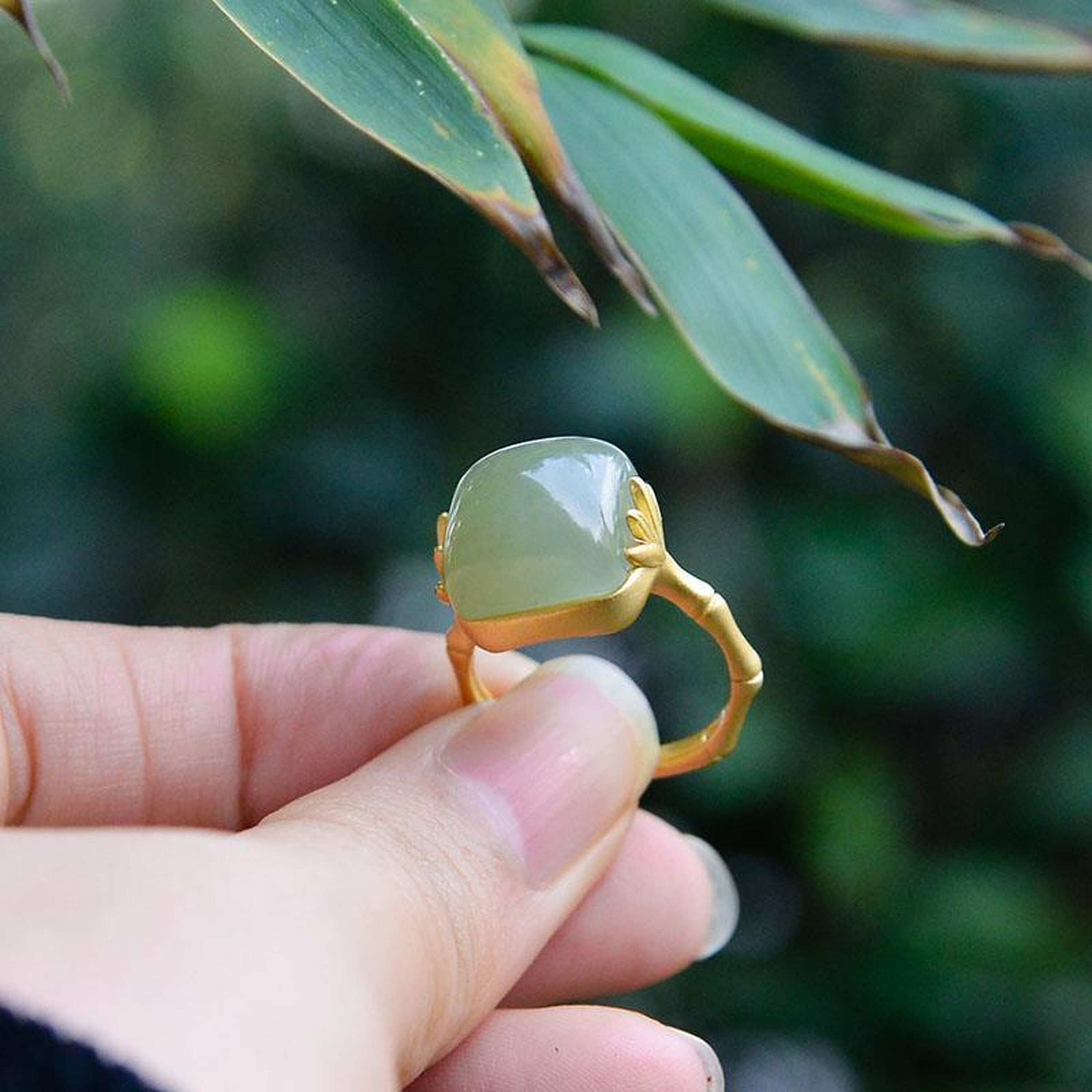 Natural Jade Ring Vintage Style Cocktail Ring Bamboo Rings