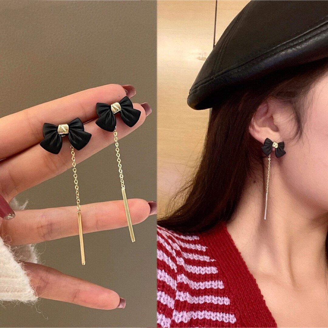 Black Ribbon Bow Earrings, 2 Way Dangle Drop Earrings, Dark Princess Earrings, Girly Romantic