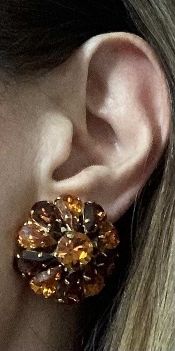 Garnet & Amber Colored Crystal Earrings - Clip-On… - image 3