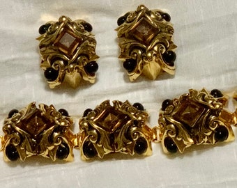 Baroque Clip-On Earrings & Bracelet Set - Gold Tone with Black/Amber Stones - Vintage - Art Deco