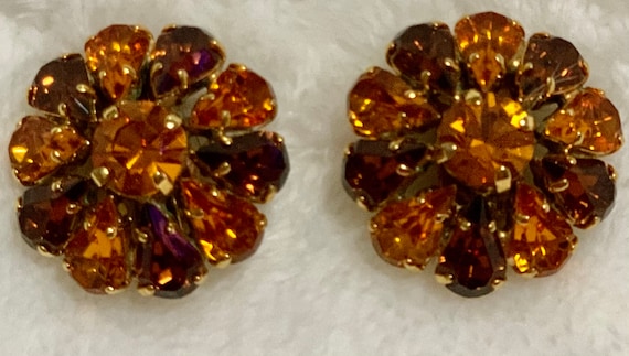 Garnet & Amber Colored Crystal Earrings - Clip-On… - image 1