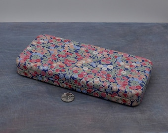 Vintage pencil tin, Liberty of London / Hunkydory Designs, Wiltshire berries, red, pink, blue, green, approx 18.5 x 8.5 x 2.5 cm, c 1990s