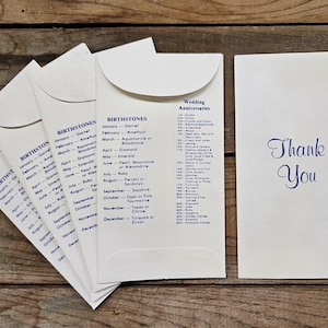 May include: White stationery set with blue text on a wooden surface. The set includes envelopes listing birthstones and wedding anniversaries, and a card that says "Thank You".
