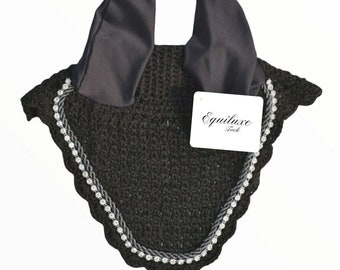 Black Rhinestone Trim Horse Fly Bonnet Ear Veil