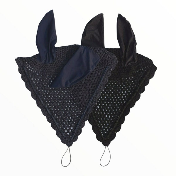 Horse Fly Bonnet Ear Veil - Tie Down Navy ou Black Crochet