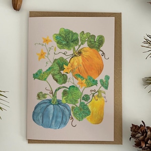 Carte de voeux citrouille, carte vierge de courge, légumes de variété patrimoniale, carte pour notes d'automne, carte d'automne, carte de récolte, carte de lotissement d'automne