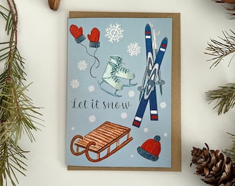 Let It Snow Christmas Card, Hand Painted Winter Activities Christmas Card, Skiing Holiday Card, Winter Xmas Card, Apres Ski Card, Hygge Xmas