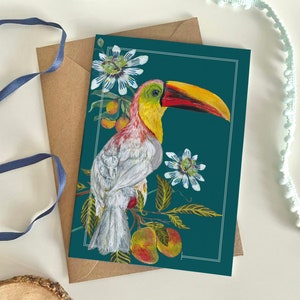 Carte d'anniversaire toucan, carte de voeux oiseau tropical rare, art de la mangue, nature scientifique, carte d'art aquarelle, carte illustrée de fruit de la passion,