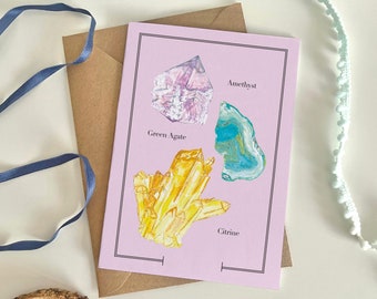 Crystal Birthday Card, Gem Illustration Card, Female Birthday Card, Healing Crystals, Precious Stone Card For Her, Mystical A6 Greeting Card
