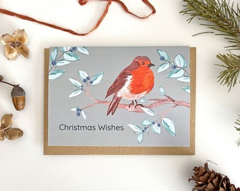 Christmas Card, Robin Xmas Card, Christmas Wishes, Cosy Christmas, Robin and Foliage Christmas Card, Nature Christmas, Robin Illustration