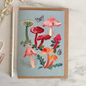 Carte de voeux champignon, carte vierge waxcap, champignon unique, carte de champignon vénéneux, carte d'espèces menacées de waxcap écarlate, champignon rare, art des champignons