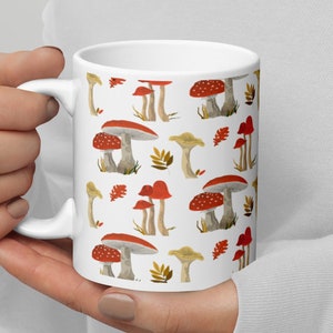 Mushroom Mug 11oz 15oz, White Mushroom Mug, Mushroom Kitchen, Cottagecore Mug, Witchy Mug, Witchy Kitchen, Toadstool Mug, Toadstool Decor