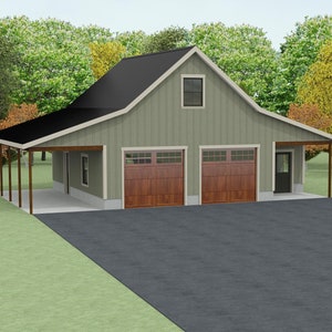 The 2 Bay Barn Garage Floor Plan, 1  1/2 story garage and workshop.  1,000sq ft.