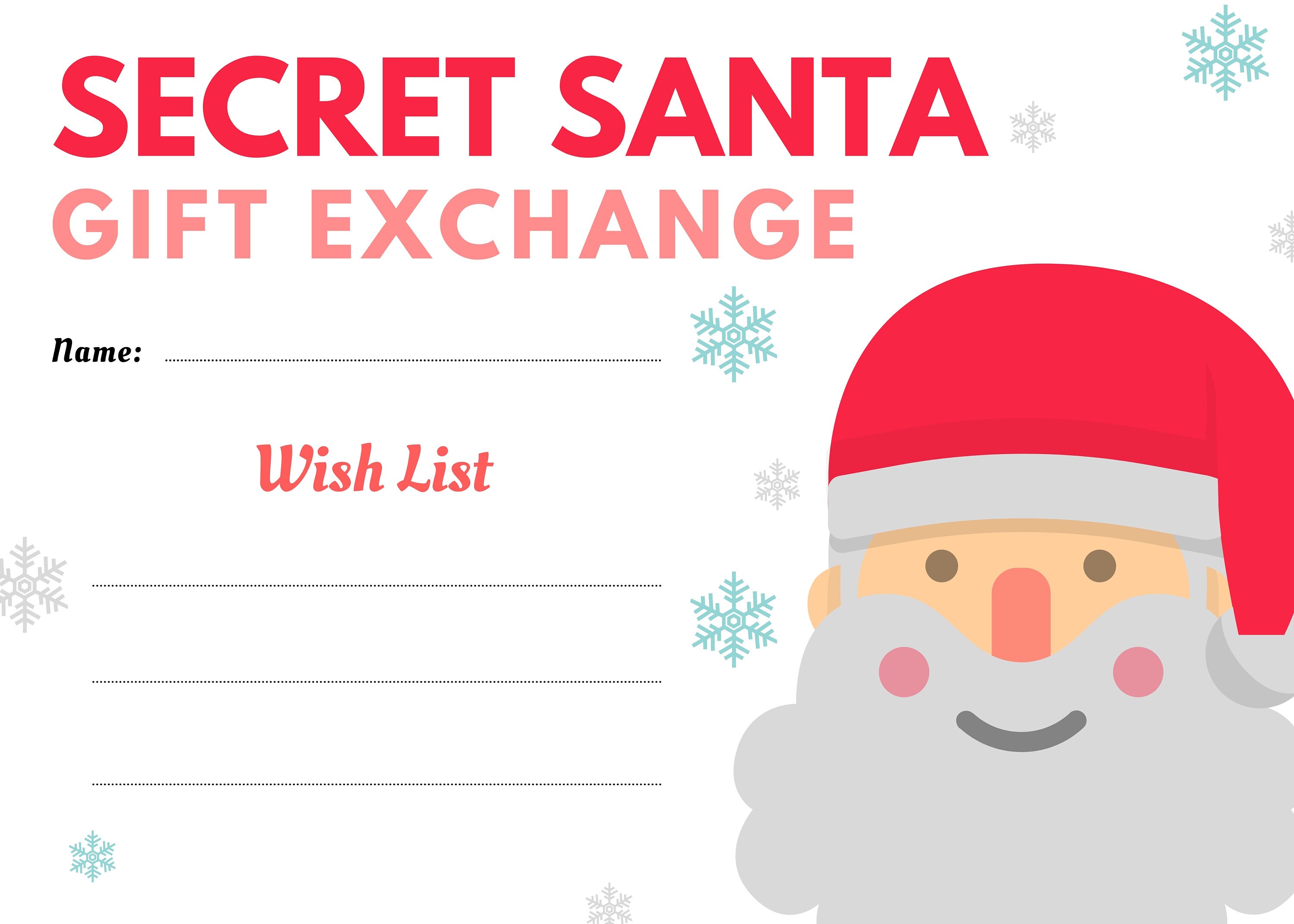 Printable Secret Santa Exchange Wish List Name Drawing Holiday Party 