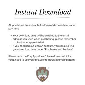 May include: White background with the text "Instant Download" at the top. Below, instructions explain how to download purchases immediately after payment. Includes information about email links and Etsy App limitations. A decorative emblem is at the bottom.