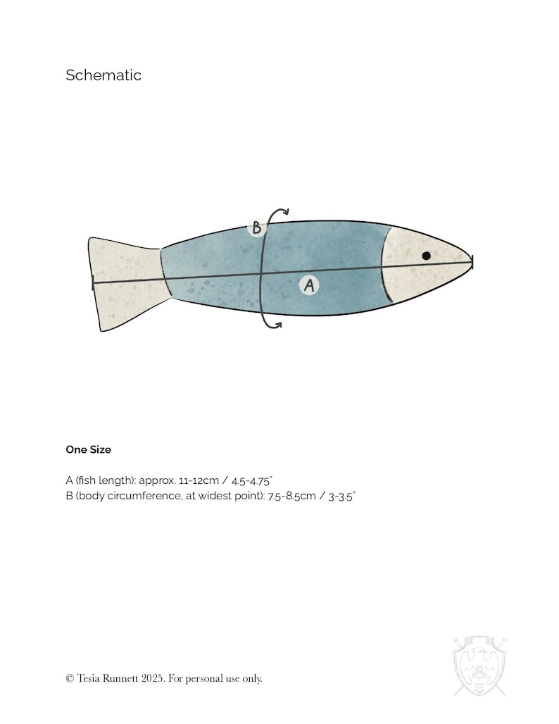 May include: Schematic of a fish design with measurements. The fish is light blue with a white head and tail. The text indicates the fish length is approximately 4.5-4.75 inches and the body circumference is 3-3.5 inches.