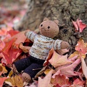 May include: A handmade knitted bear doll with a brown head and limbs, wearing a striped sweater and dark blue pants. The doll is sitting among vibrant red and orange autumn leaves near a tree trunk, creating a cozy, seasonal scene.