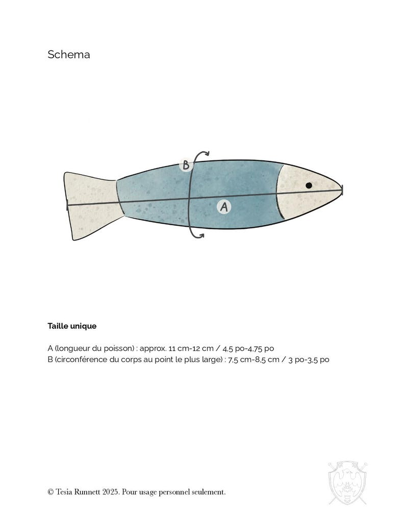 May include: Diagram of a stylized fish with measurements. The fish is light blue with a white head and tail. The text indicates the fish is approximately 4.5-4.75 inches long and 3-3.5 inches wide at its widest point.