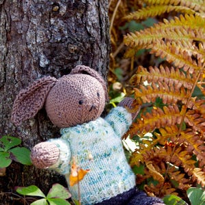 May include: A handmade knitted bunny doll with long ears, wearing a light blue and white sweater. The doll is leaning against a tree trunk, surrounded by autumn foliage. The bunny's body is a light brown color.