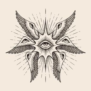 May include: A detailed black and white illustration of a central eye surrounded by six winged eyes, radiating outward with sunburst lines. The artwork has a vintage, tattoo-style aesthetic, set against a cream-colored background.