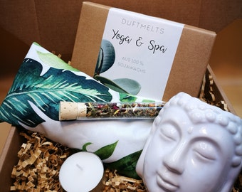 Entspannungs-Set "Yoga & Spa" - Duftlampe Buddha vegane Duftmelts Augenkissen