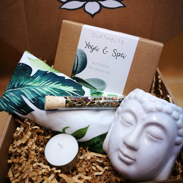 Entspannungs-Set "Yoga & Spa" - Duftlampe Buddha vegane Duftmelts Augenkissen