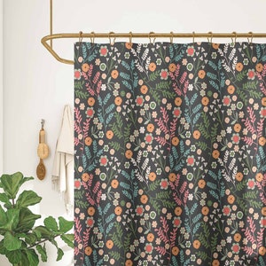 Black Floral Shower Curtain | Colorful Scandinavian Botanical | Boho Vintage Bathroom | Retro 60s 70s Midcentury | Funky Maximalist Decor