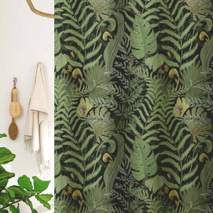 Fern Leaf Shower Curtain Panel | Bold Emerald Green Botanical Plants | Dark Academia Woodland Forest Trees | Maximalist Black Bathroom Decor
