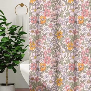 Whimsical Daisy Wildflower Shower Curtain | Blush Pink Sage Green Vintage 70s Floral | Bohemian Cottagecore Bathroom | Maximalist Home Decor