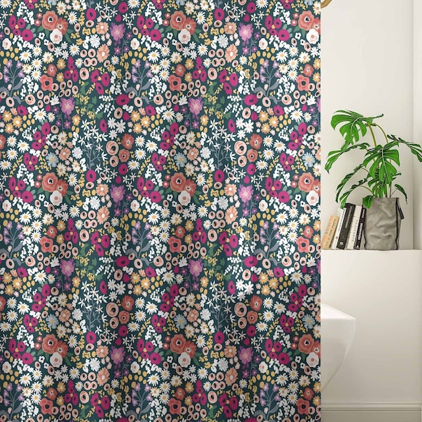 Colorful Dark Floral Shower Curtain | Funky Retro Bathroom Decor | Poplin Fabric
