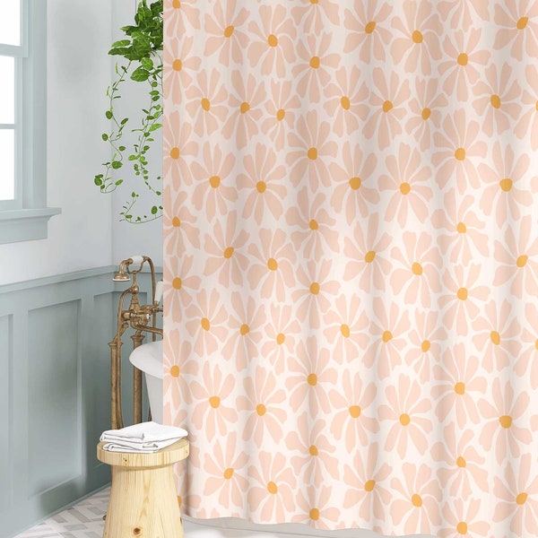 Retro Daisy Shower Curtain | Blush Pink Bohemian | 60s 70s Floral Bathroom Decor | Cottagecore Modern Farmhouse | Colorful Maximalist Style