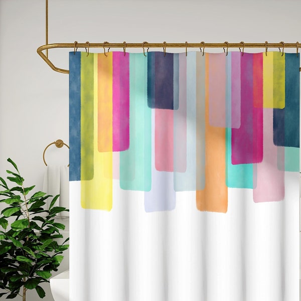 Rainbow Striped Shower Curtain | Hot Pink Magenta Blue Abstract Painting | Colorful Eclectic Bathroom Decor | Bright Bold Maximalist Style
