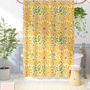 Funky Orange Daisy Floral Shower Curtain | Bright Botanical Bath Accessory | Vintage Boho 60s 70s Bathroom | Colorful Retro Maximalist Decor