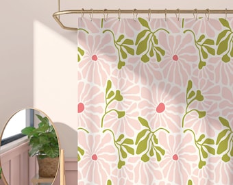 ZJRBJB Pink & Grey Daisy Floral Shower Curtain - Farmhouse Vintage Bathroom Decor, 72x84 Inches With 12 Hooks