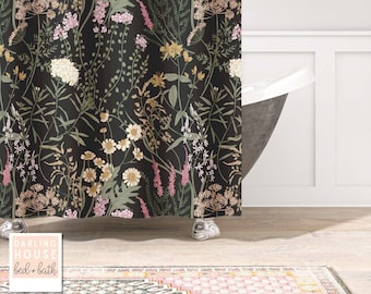 Moody Wildflower Meadow Black Shower Curtain | Dark Academia Cottagecore Floral | Boho Vintage Aesthetic Decor | Funky Maximalist Bathroom