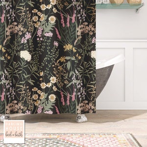 Moody Wildflower Meadow Black Shower Curtain | Dark Academia Cottagecore Floral | Boho Vintage Aesthetic Decor | Funky Maximalist Bathroom