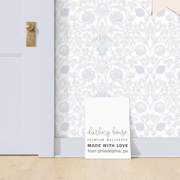 Blue Art Nouveau Wallpaper | Peel and Stick, PrePasted, Unpasted | William Morris Floral | FL077-SILV