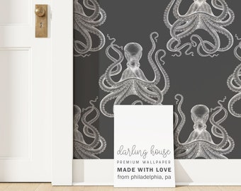 Vintage Octopus Squid Black Wallpaper | Removable Peel and Stick | Coastal Nautical Bathroom Accent Wall | Retro Maximalist Decor | NA003B