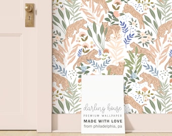 Floral Tiger Wallpaper | Peel and Stick, PrePasted, Unpasted | Whimsical Funky Boho | NA012