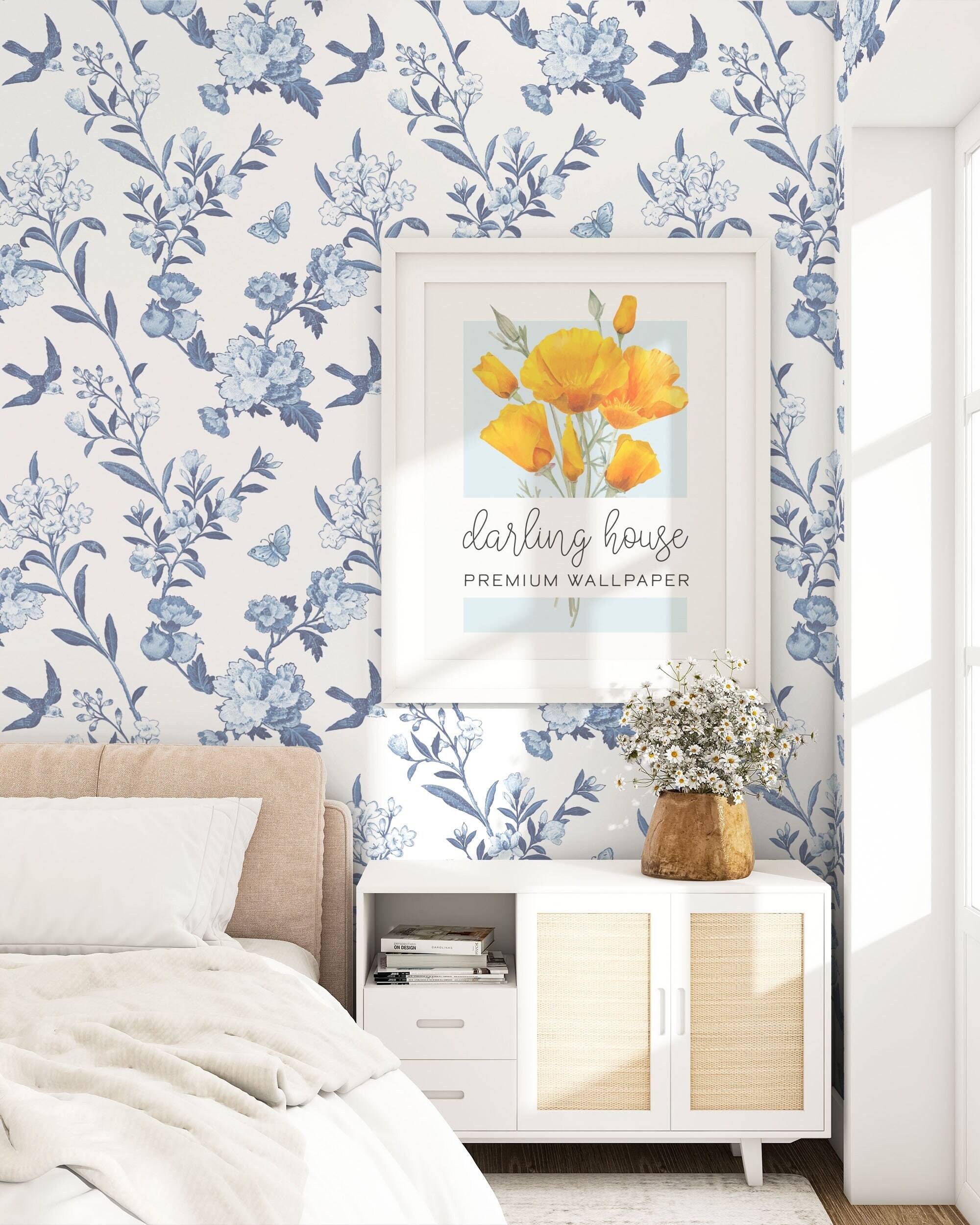 White and Blue Botanical Wallpaper  Chinoiserie Wallpaper