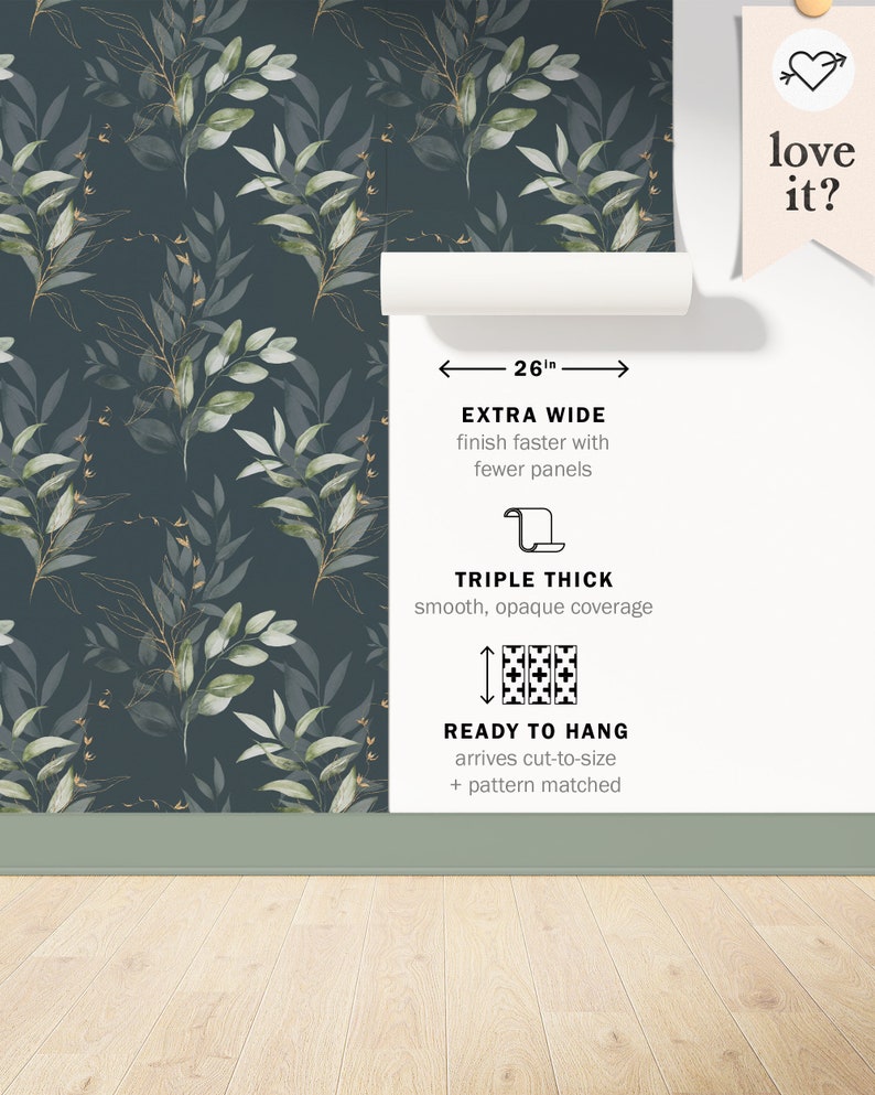 May include: A dark green wallpaper with a watercolour pattern of leafy branches. The wallpaper is 26 inches wide and has a triple thick, smooth, opaque coverage. It is ready to hang and arrives cut-to-size with pattern matching.