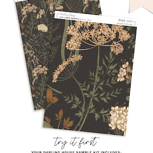 Puede incluir: Dos muestras de tela de 8,5 x 12 pulgadas impresas sobre un fondo de lino marr&oacute;n oscuro con un patr&oacute;n floral en tonos de verde, blanco y beige. El texto "darling house" y "LUX LINEN SAMPLE" est&aacute; impreso en las muestras. El texto "Try it first" est&aacute; impreso debajo de las muestras.